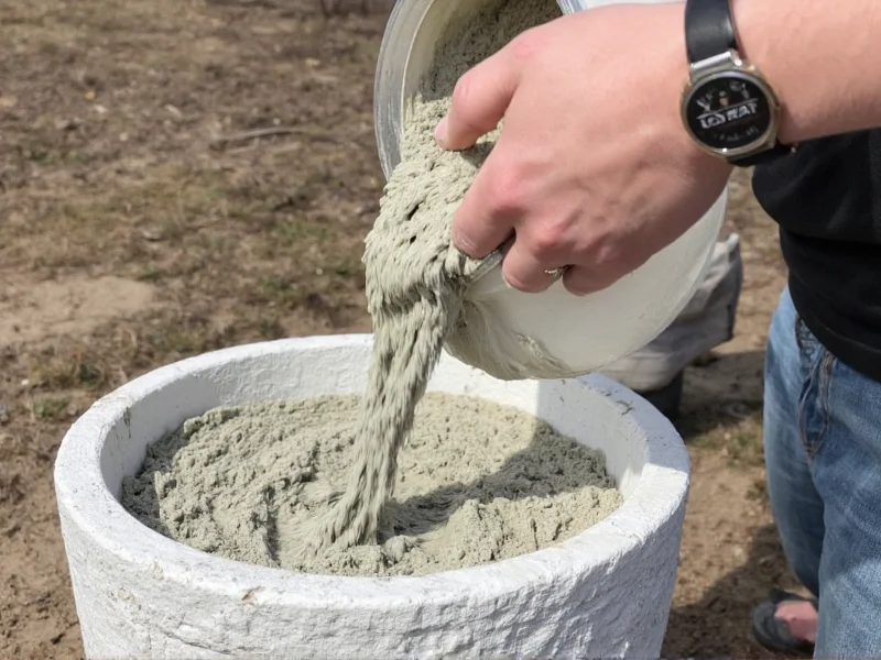 Hand pouring cement mixture into planter mold setup