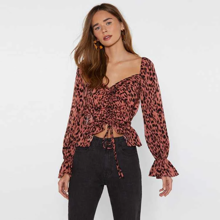 

Made Long Sleeve V Neck Chiffon Top Ruched Thrills Leopard Blouse