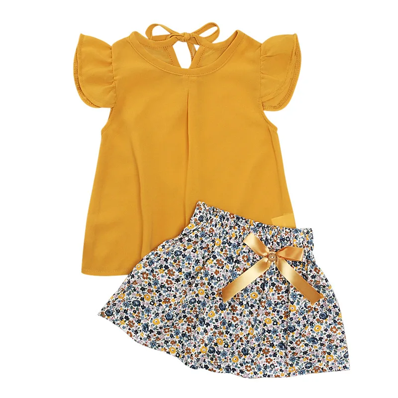 

2021 Summer Infant Cute Toddler Girls Fly Sleeve Chiffon Tops Yellow Floral Tutu Skirts Clothes Suit Outfit Kids Clothing Sets