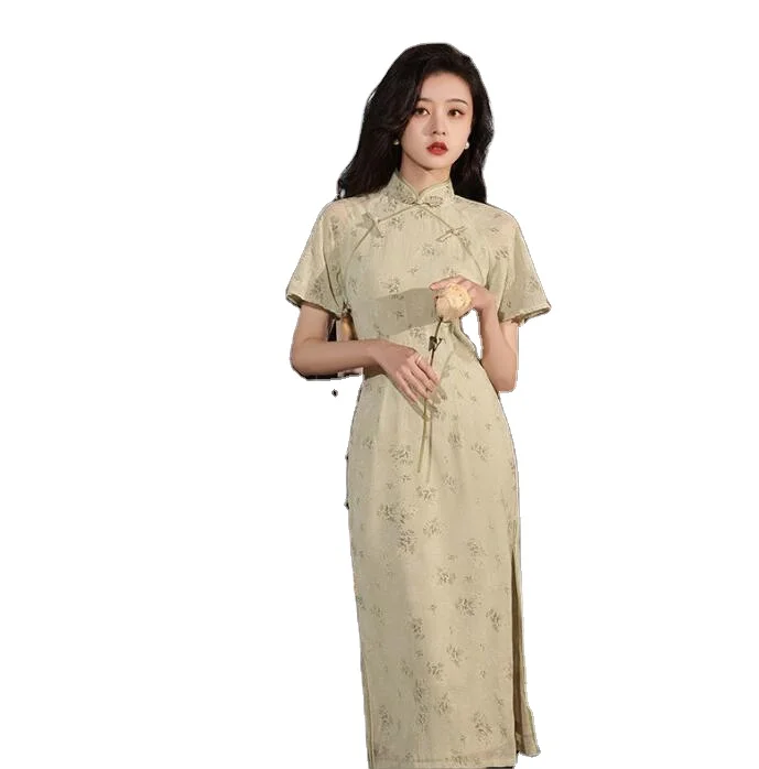 

ecoparty Inverted Big sleeved Green Cheongsam Elegant High end Young Girls Improved Fresh Vintage Summer Chinese Qipao Dress