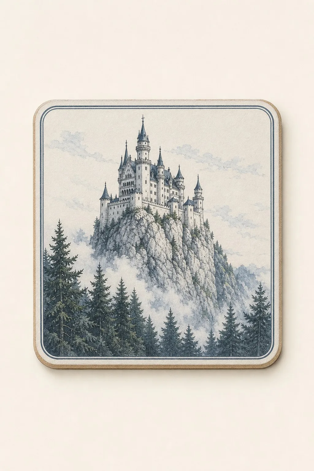 Fairytale Castle Coaster on a Rock Above Pine Forest