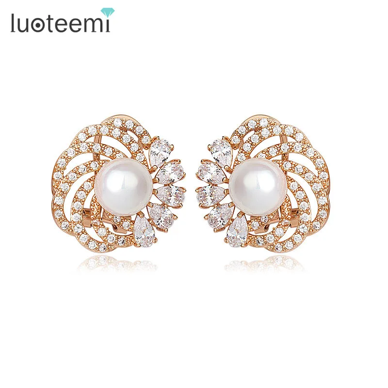 

LUOTEEMI Brand Hot Selling Earrings Cuff Fashion Statement New Rose Gold-Color AA A Simulated Pearl Luxury Big Stud Earrings