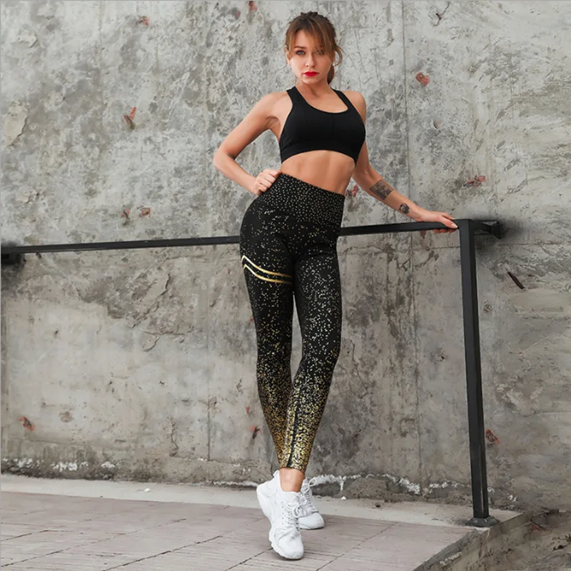 

Hot Selling Sequin Pants High Leg Cut Stripe Foil Activewear Ladies Fitness Yoga Printing leggings