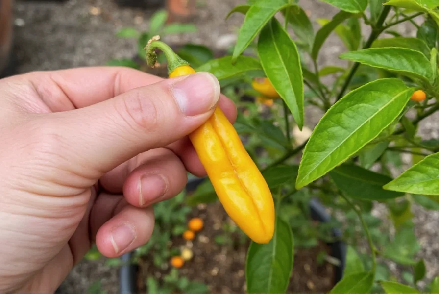 Home gardener harvesting small golden charapita peppers from container plant on patio, showing proper handling technique