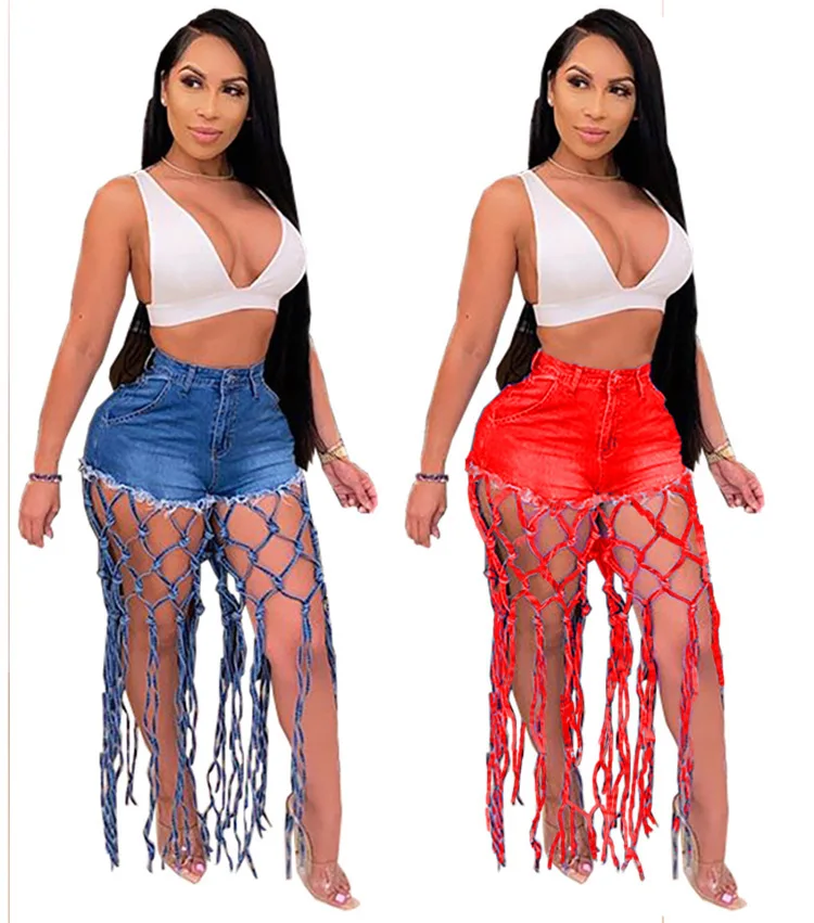 

2021 Summer New Trendy Women Denim Hollow Mesh Knotted Jeans Mujer Shorts Ripped Short Jeans Femme Short Jeans Pants For Woman, Blue/purple/red/black