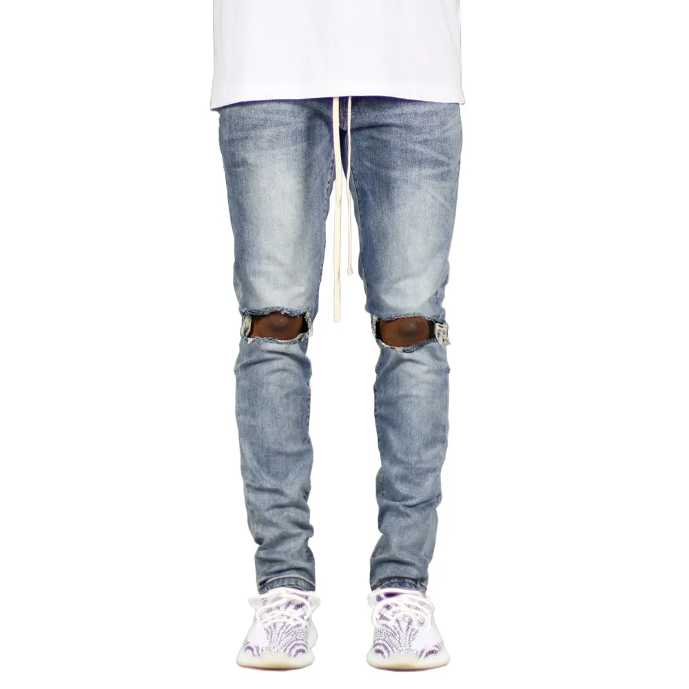 Wholesale Custom Logo Men's Mid Waist Denim Trouser Design Hip Hop Eco-Friendly Fashion Casual Distressed Ripped Hole Straight