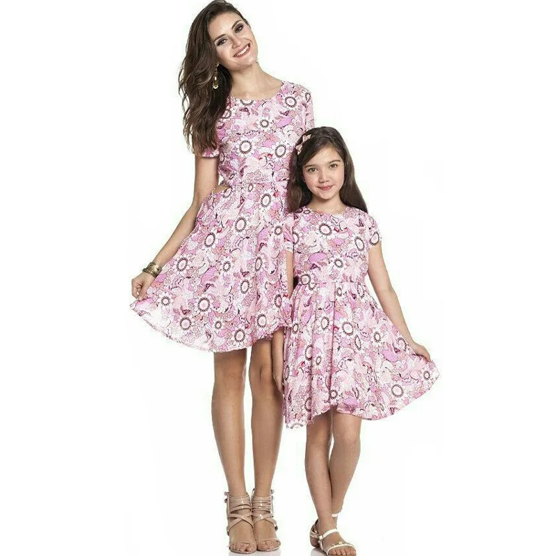 

2021 New Summer family matching dress mom and me floral printed dress boutique parent-child outfits, As pictures