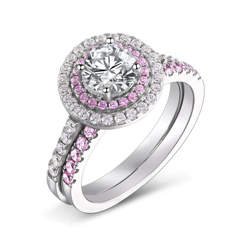 

SKA s925 Sterling silver pink cz stone ring Engagement halo ring set stackable band Wholesale, Picture
