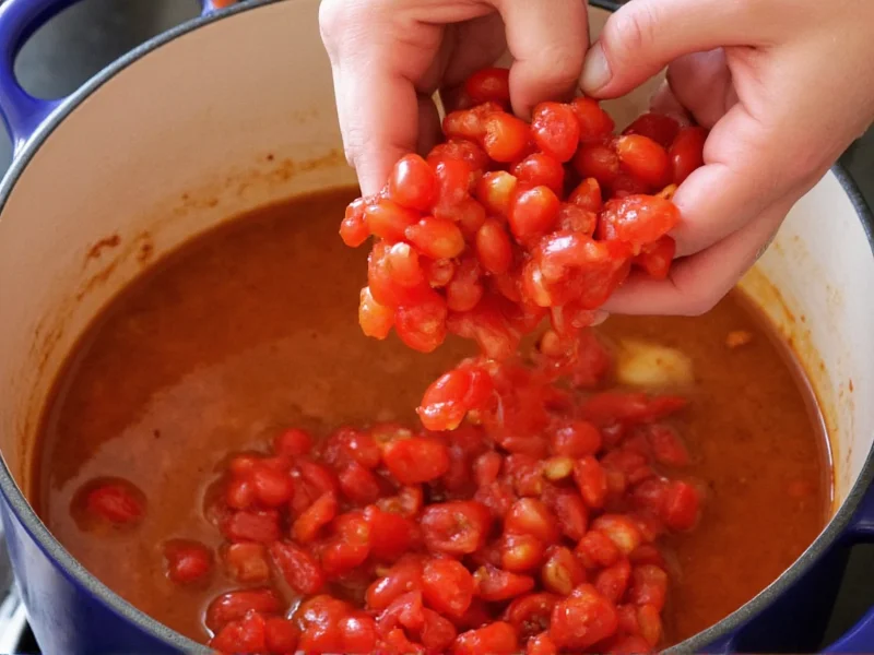 Hand-crushing tomatoes into simmering sauce pot