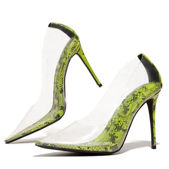 

Big Size US 13 Clear Pvc Shoes Women Gold Dress Pumps Snake Pattern High Heel Women's Shoes Stiletto, Red green gold