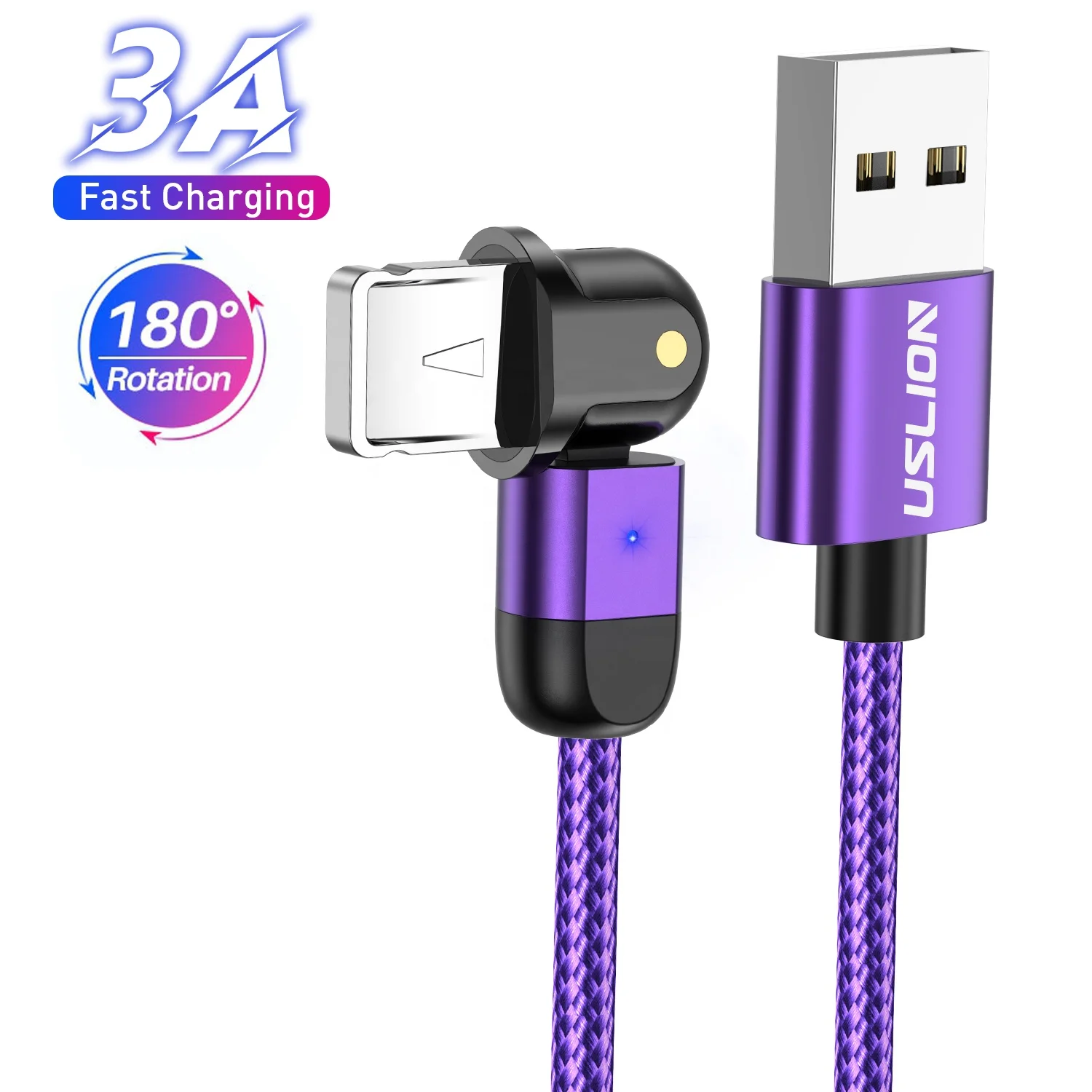 

USLION 180 ROTATE Fast Charging USB Cable For iPhone 8 7 6 6S 5 5S Mobile For iPhone Charger Cable Fast Data Charging cable, Black, red,silver ,purple