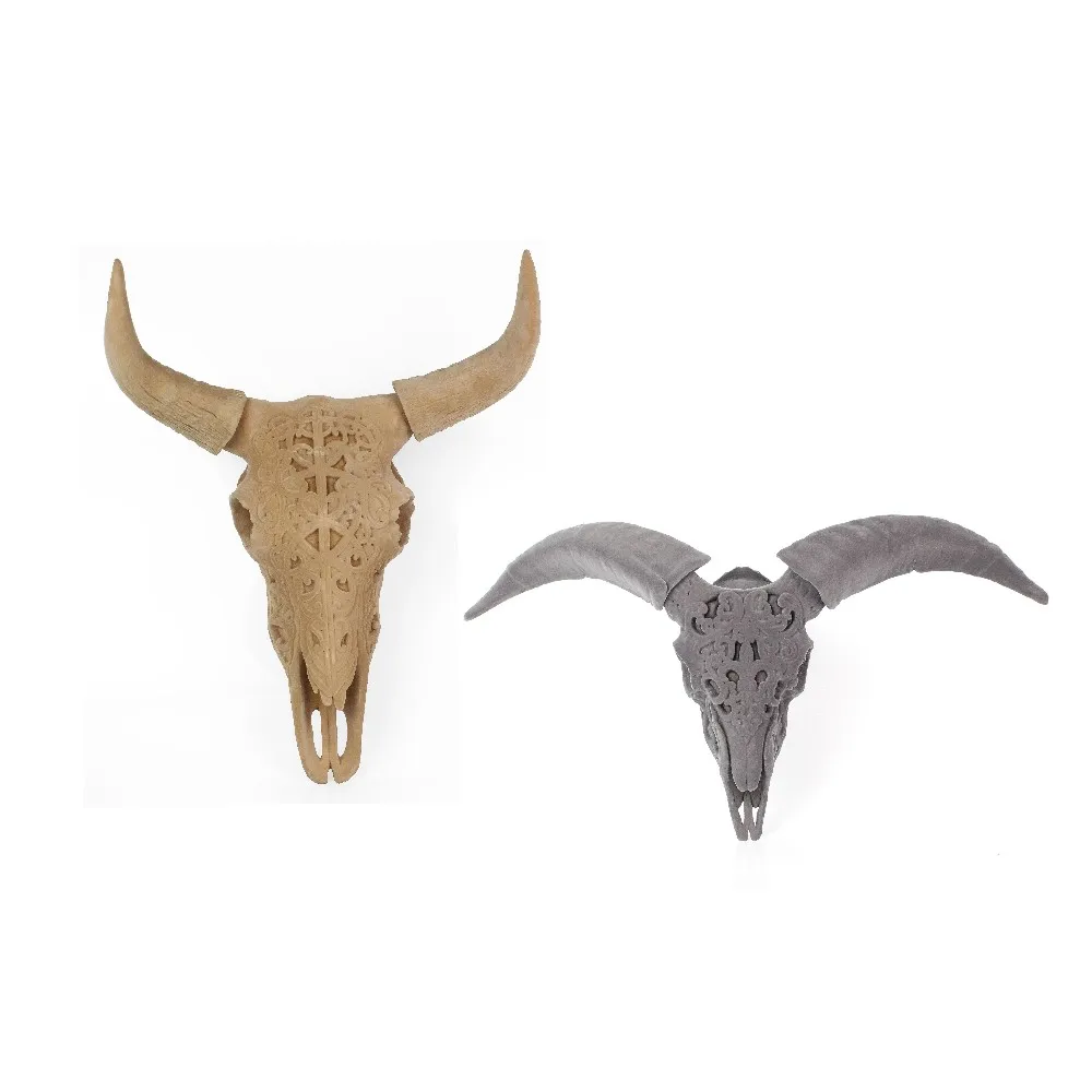 3D Resin Animal Head Flocked Carved Bull Skull Sculpture with Metal Base Decor details