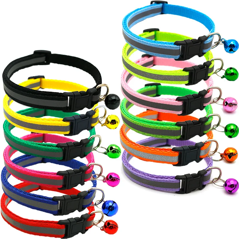 

Manufacturer wholesale multi-colors adjustable nylon reflective collar with bell for cat dog use, Red,green,orange,yellow,pink,blue,purple,black,plum