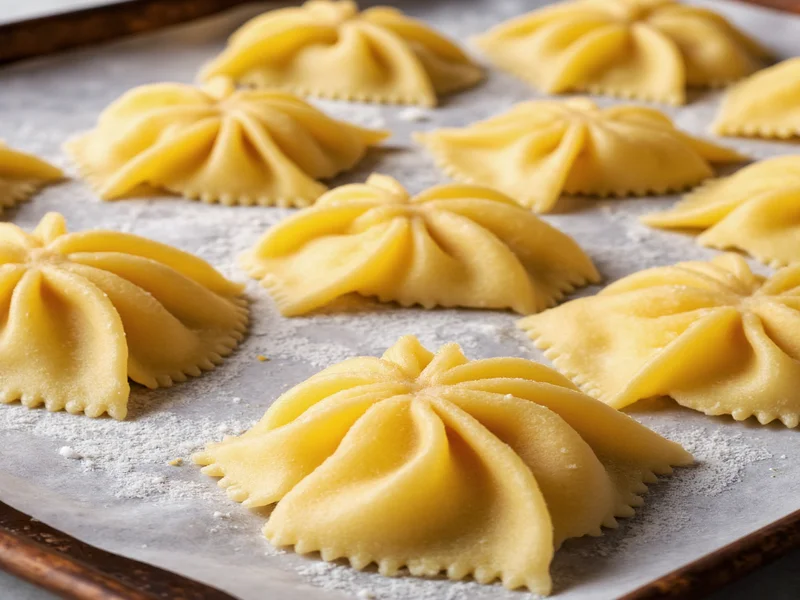 Homemade pasta shapes frozen on baking sheet