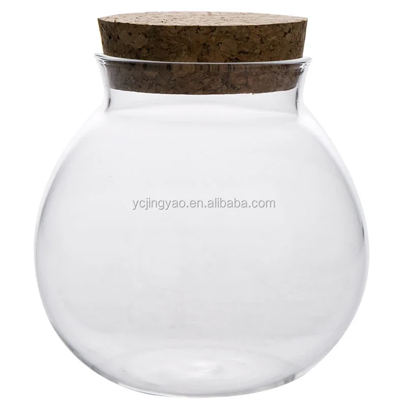 

Hand Made Glass Round Bulb Bottle Jars with Cork Lid For Coffee Beans, Clear