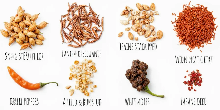Common dried peppers arranged in a line with labels