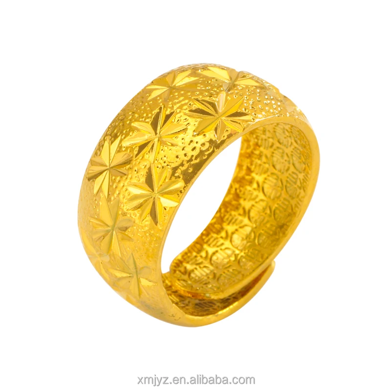 

Cross-Border Gold-Plated Brass Jewelry Ins Wind Ring, Frosted Rice Word Pattern Wide Ring, Open Ring Female