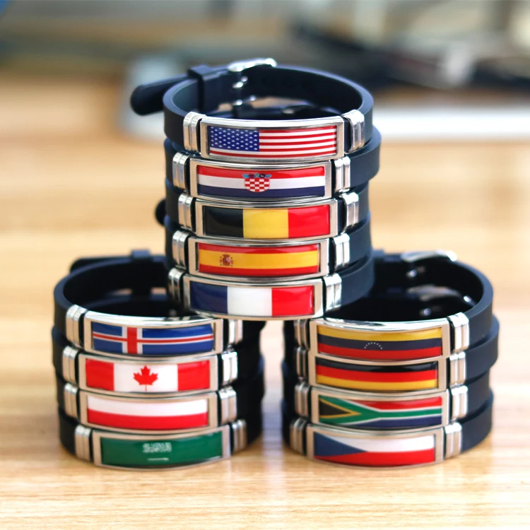 

Custom Event Commemorative Natioal Flag Adjustment Stainless Steel Silicone Bracelet, Silver