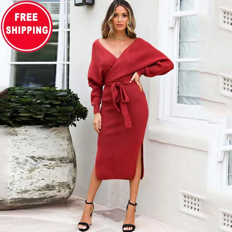 

New Fashion V Neckline Sweater Knit Dress with Waistband