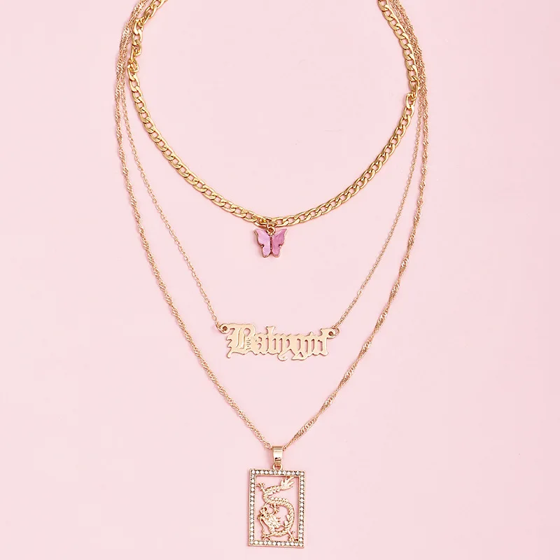 

Fashion chinese style rhinestone dragon pendant necklace acrylic pink butterfly necklace set, Gold