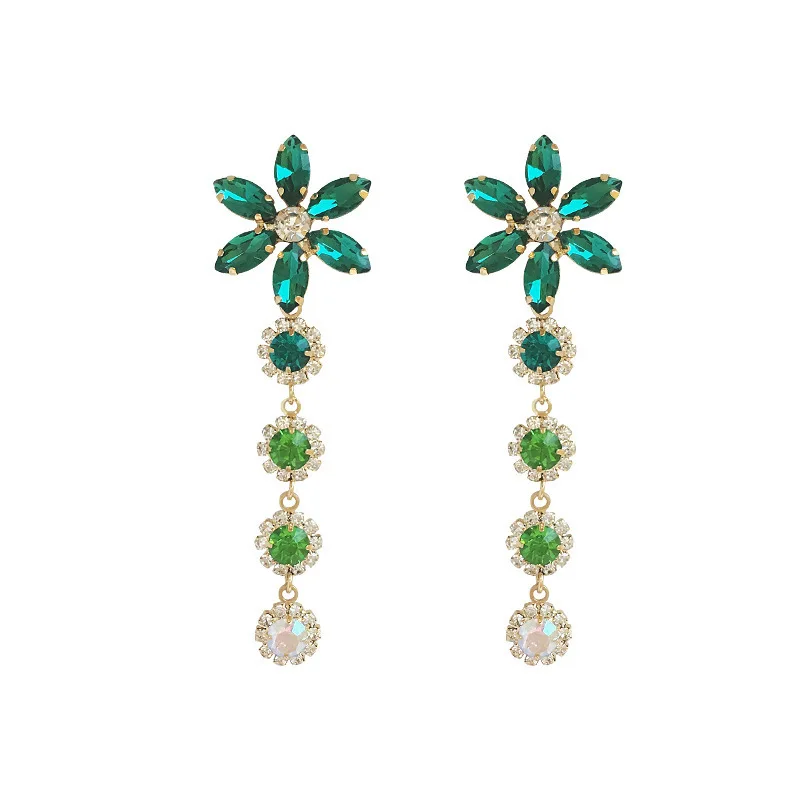 

925 Silver Needle New Long Fringed Green leaf Flower Retro stylish Diamond drop Earrings in copper Alloy Jewelry