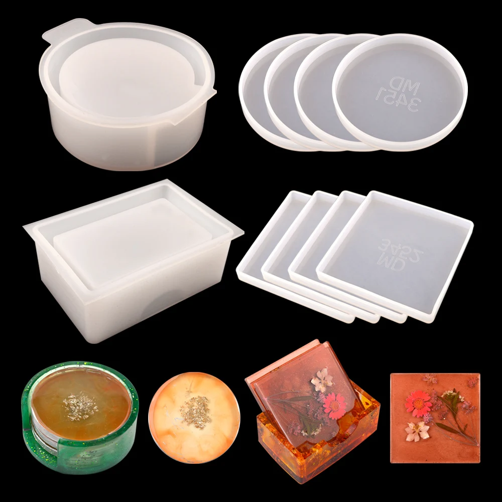 

4PCS Round Rectangular Silicone Coaster Resin molds Set With Holder Coaster Storage Box Silicon Mould For DIY Craft DM186