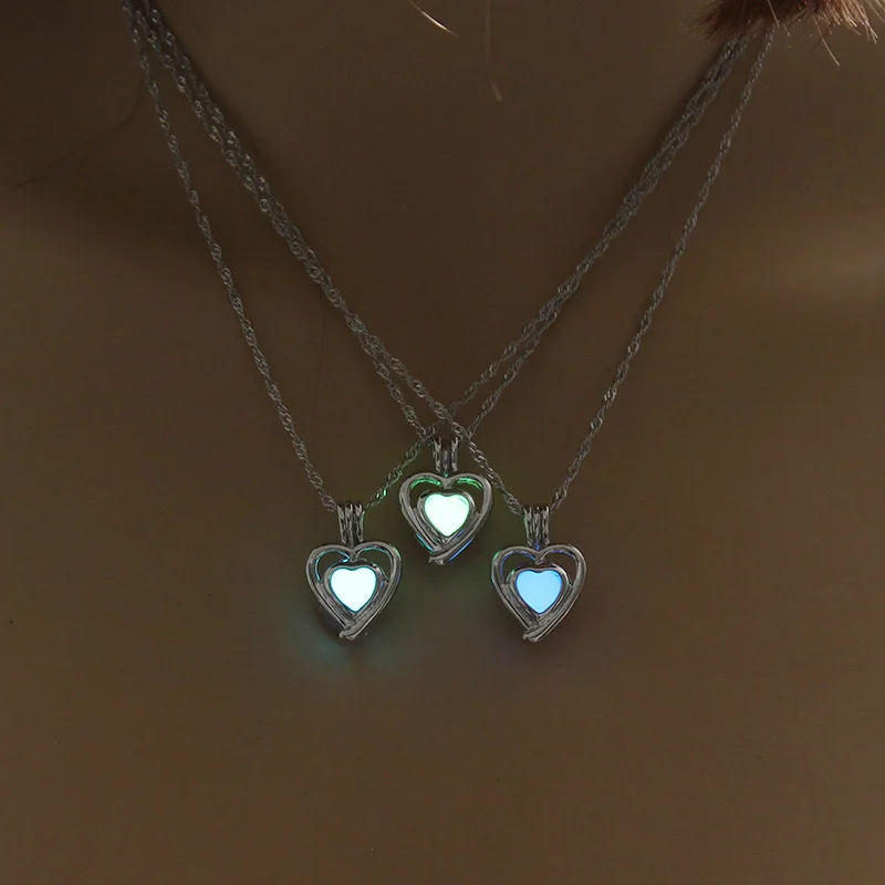 

NY027 Glow In The Dark Love Heart Cage Locket Pendant Necklace For Women Men Fluorescent Luminous Jewelry Halloween Gift