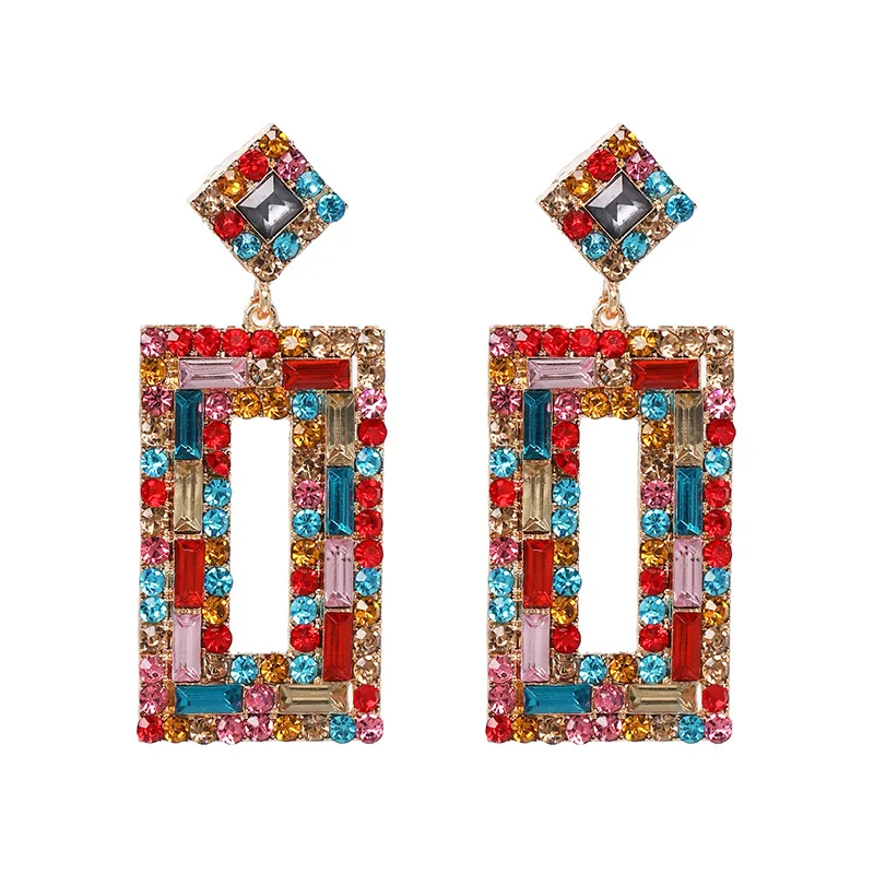 

Exaggerated rainbow color rhinestone hollow rectangle shape long earrings women, As picture shows