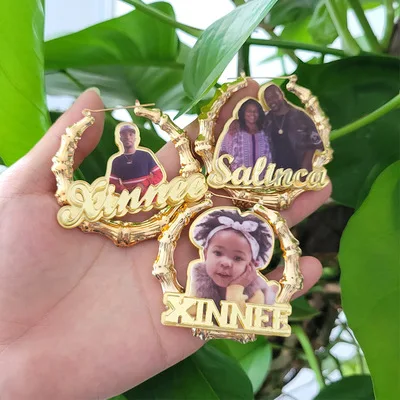 

Baby photo acrylic Custom cartoon character Piercing Earrings Personalized Name bamboo hoop Earrings For Women Girls, Picture