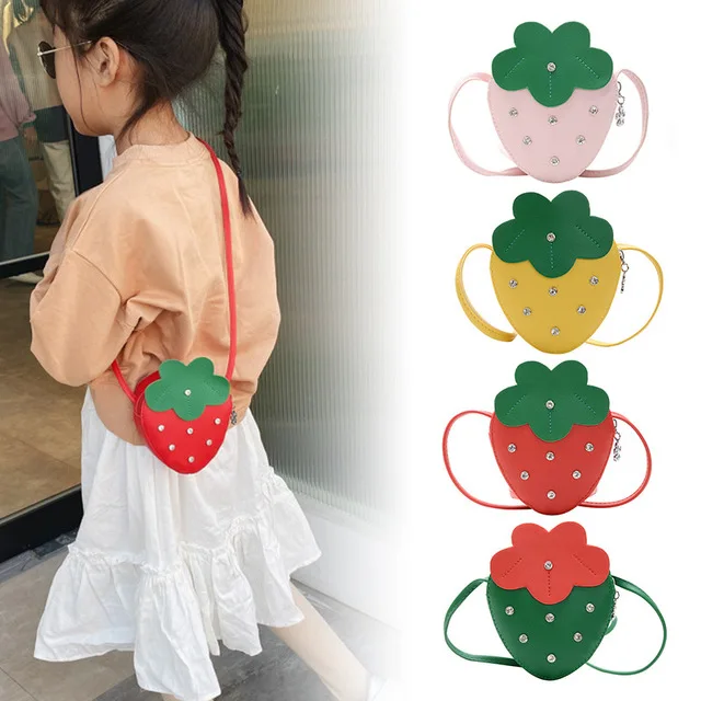 

Fancy baby girls strawberry coin purse little princess change purse cute cross-body bag shiny rivet bag, As picture