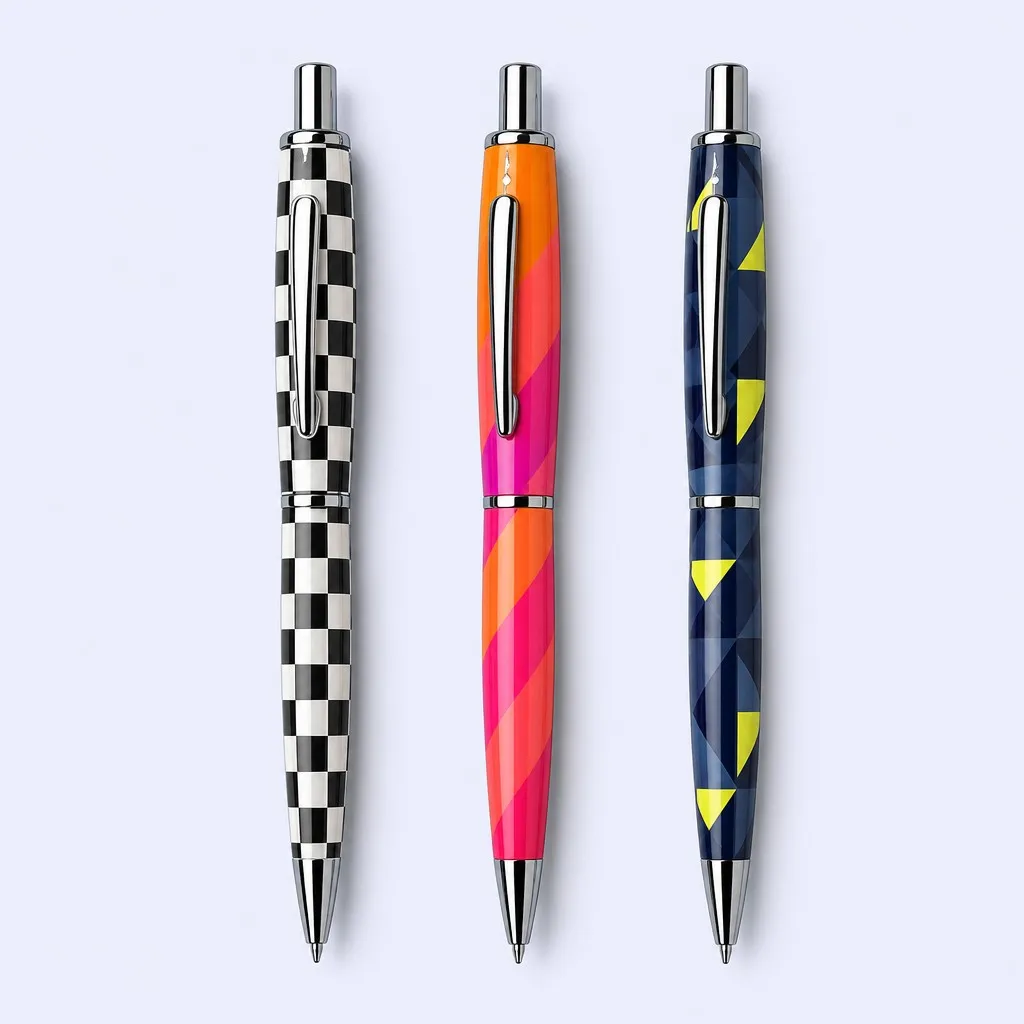 Three pens with checkerboard, diagonal stripe and geometric triangle patterns