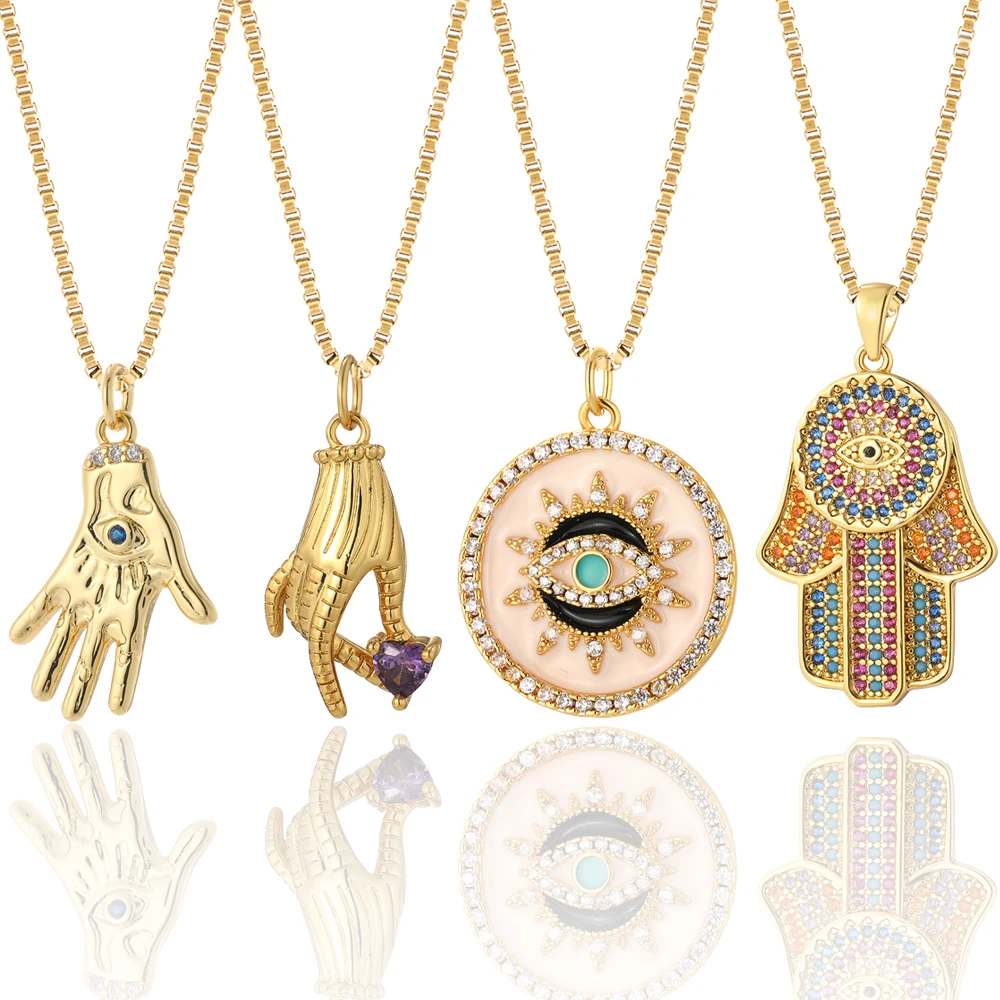 

Gold Fatima Hand Round Evil Blue Eye Enamel Charm Necklace With Pendant Plated 18k Fashion Boho Necklace Women