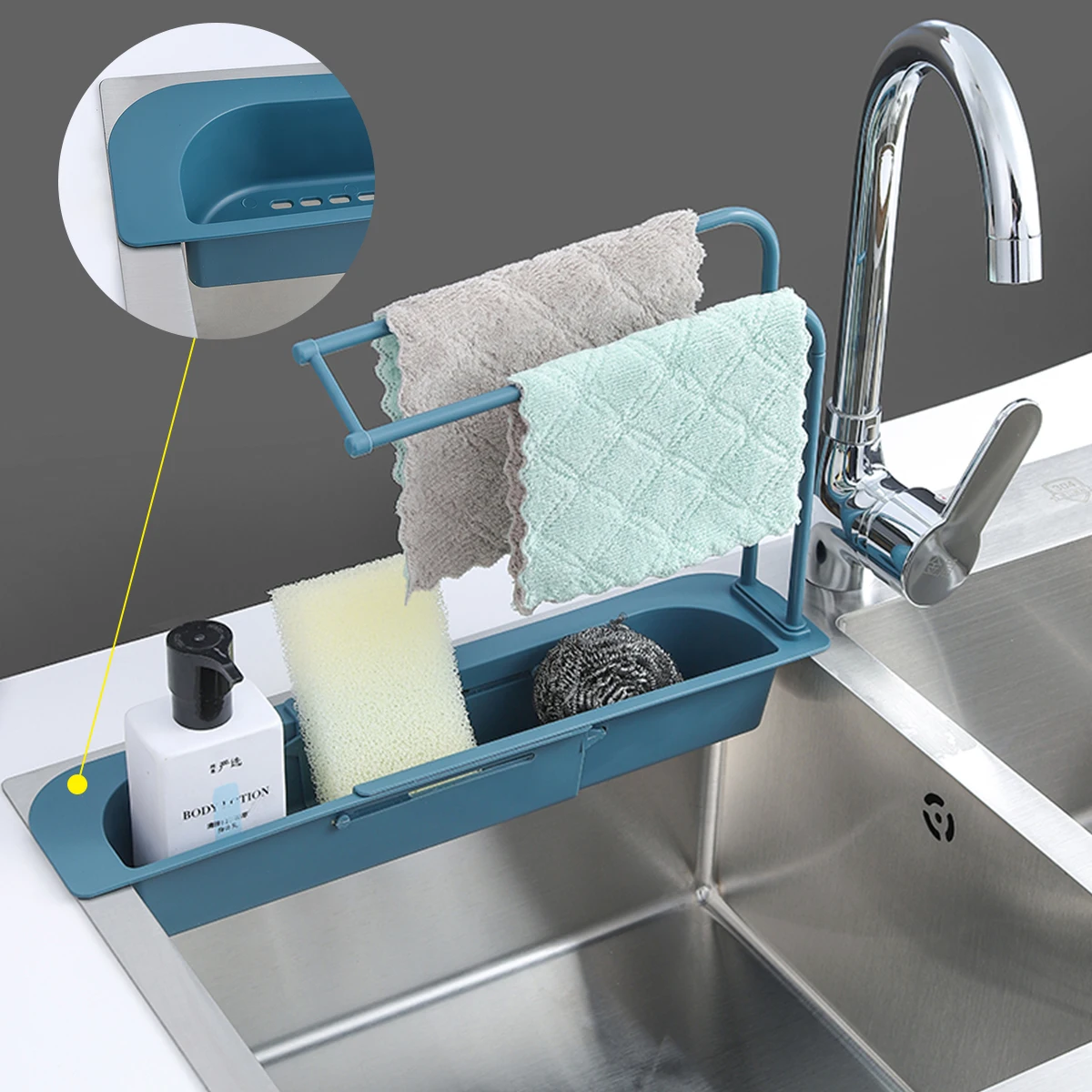 

Adjustable Telescopic Sponge Soap Holder Drainer Sink Drying Rack Expandable Storage Sink Drain Basket For Home Kitchen