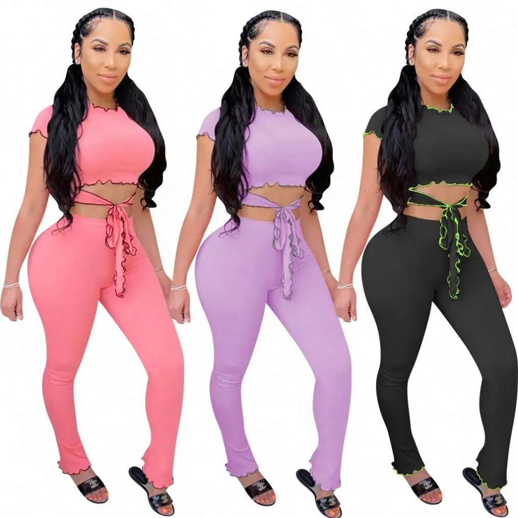 

New Summer High Elastic Thread Wavy Womens Short Sleeve Crop Top Stacked Pants 2 Piece Set