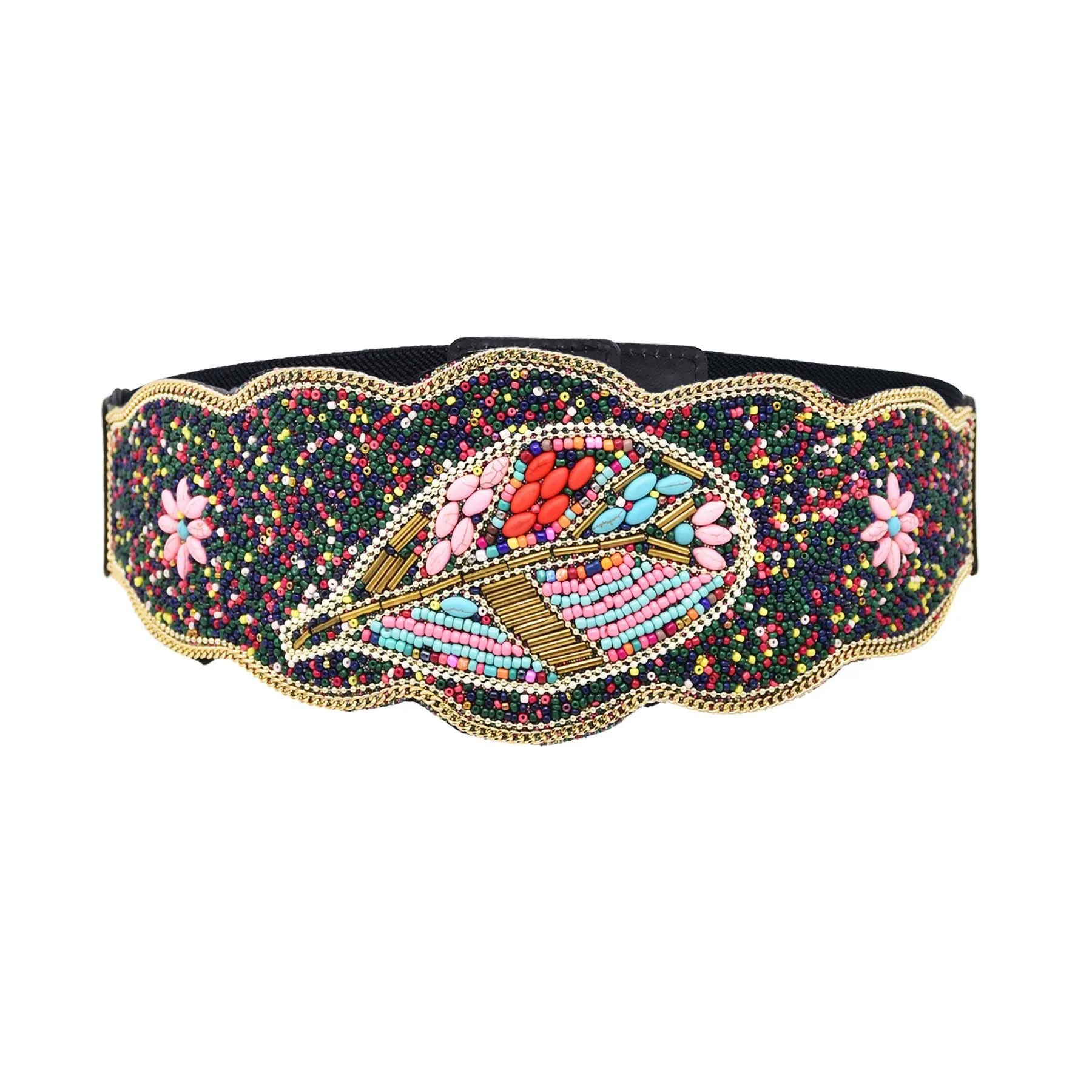 Bohemian Women Belts Wide Stretch Elastic Waist Cinch Belt Handmade Beaded Flower Adjustable Belt for Dresses