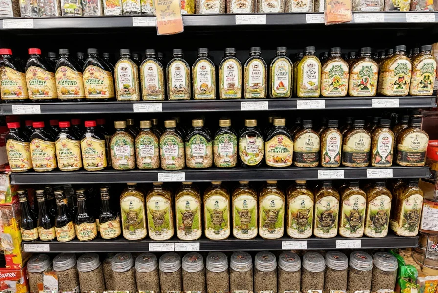 Middle Eastern grocery store shelf displaying various black cumin oil brands and whole seeds