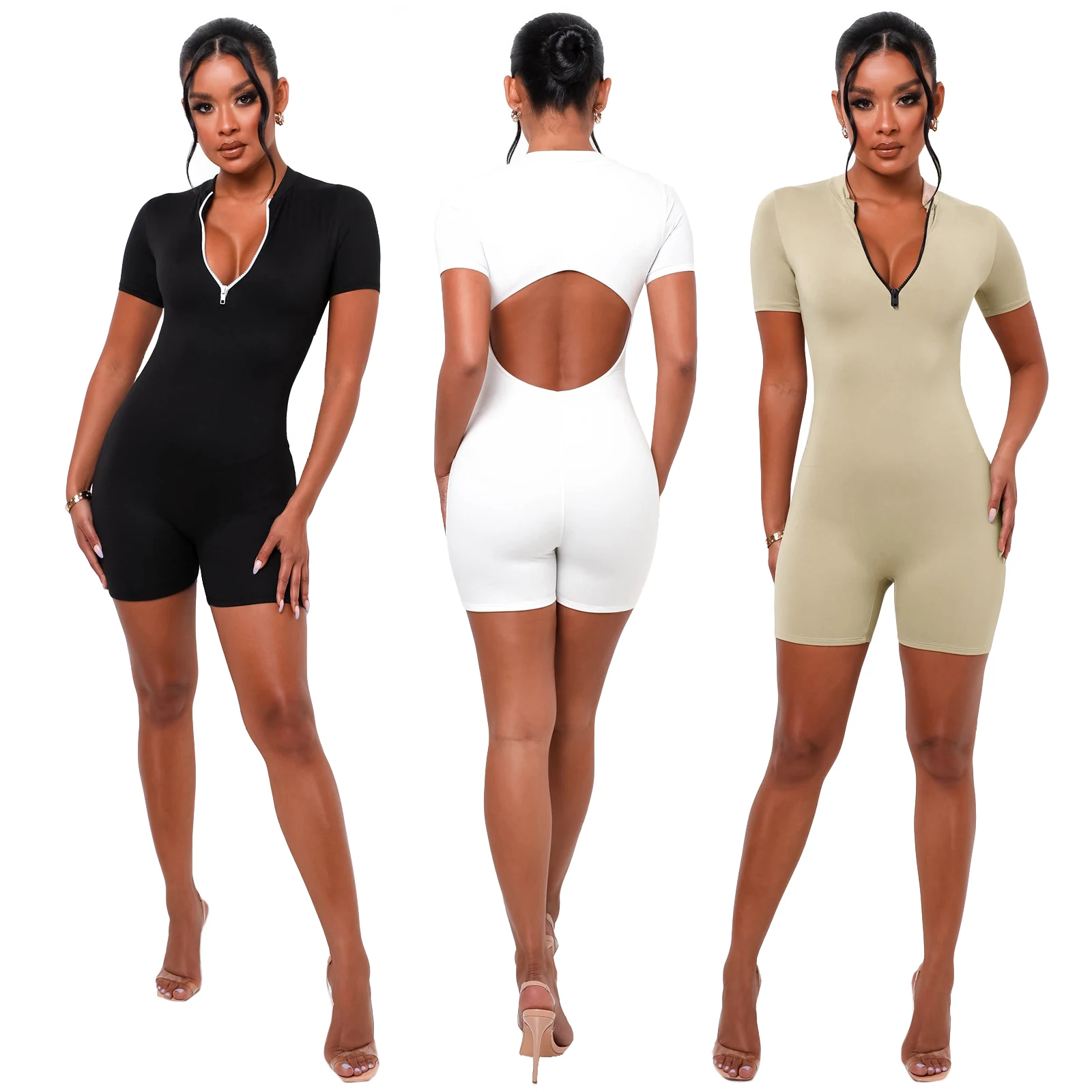 

Fashion Women's Contrast Color Open Back Deep V Zipper Jumpsuit Sexy Nightclub Outfits Party Clubwear Lady Jumpsuit, As picture