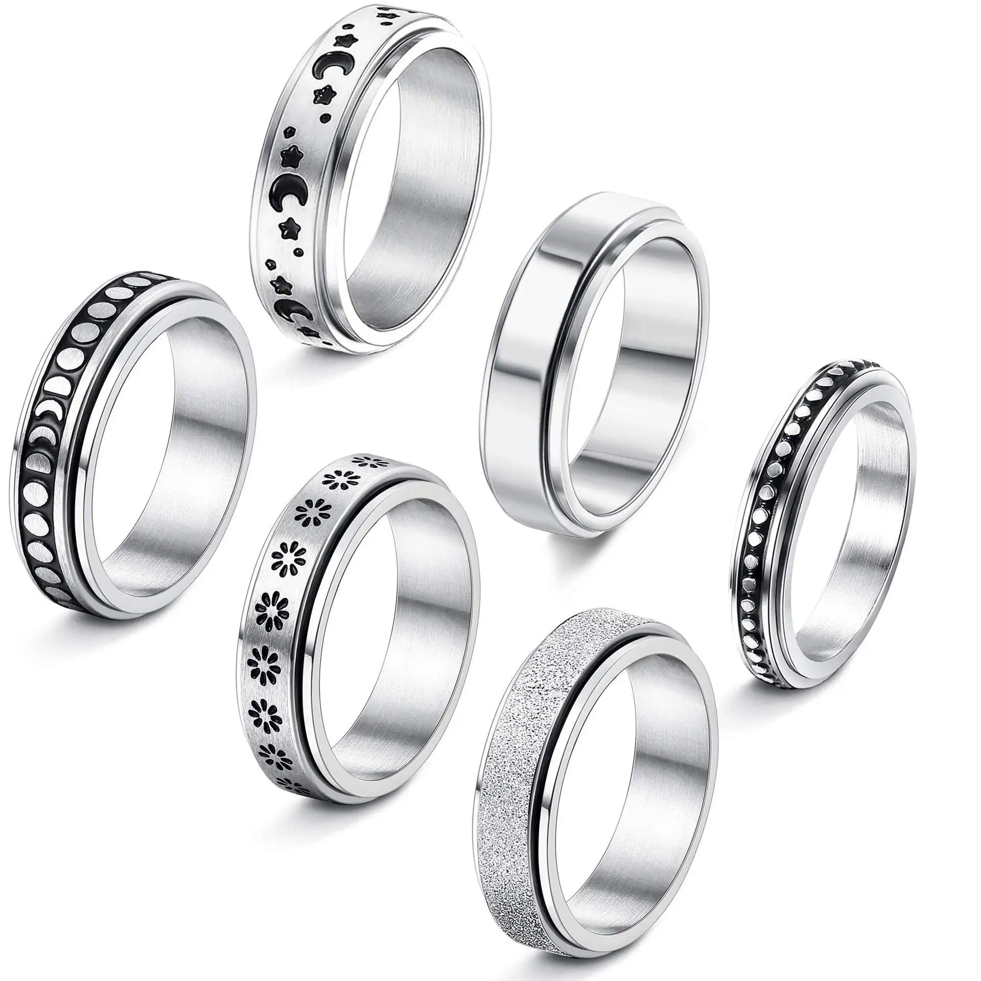 

2021 Stainless Steel Rotating Ring Vintage Star moon Floret Frosted Swivel Ring 6pcs Set For Women Men, Gold &silver