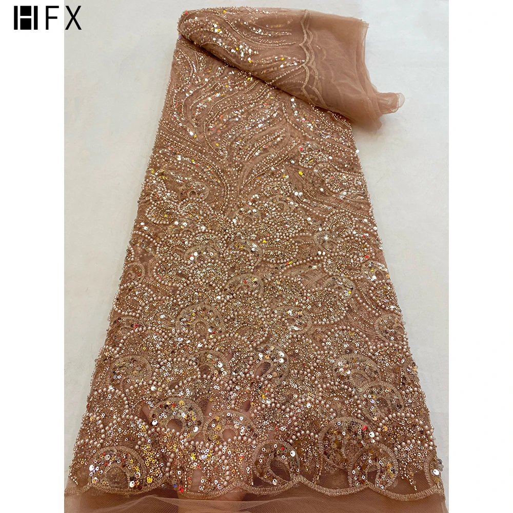 

HFX Luxury Embroidered French Lace fabric Handmade Beaded blush pink 2021 latest African Nigeria Mesh net Lace Fabric for party