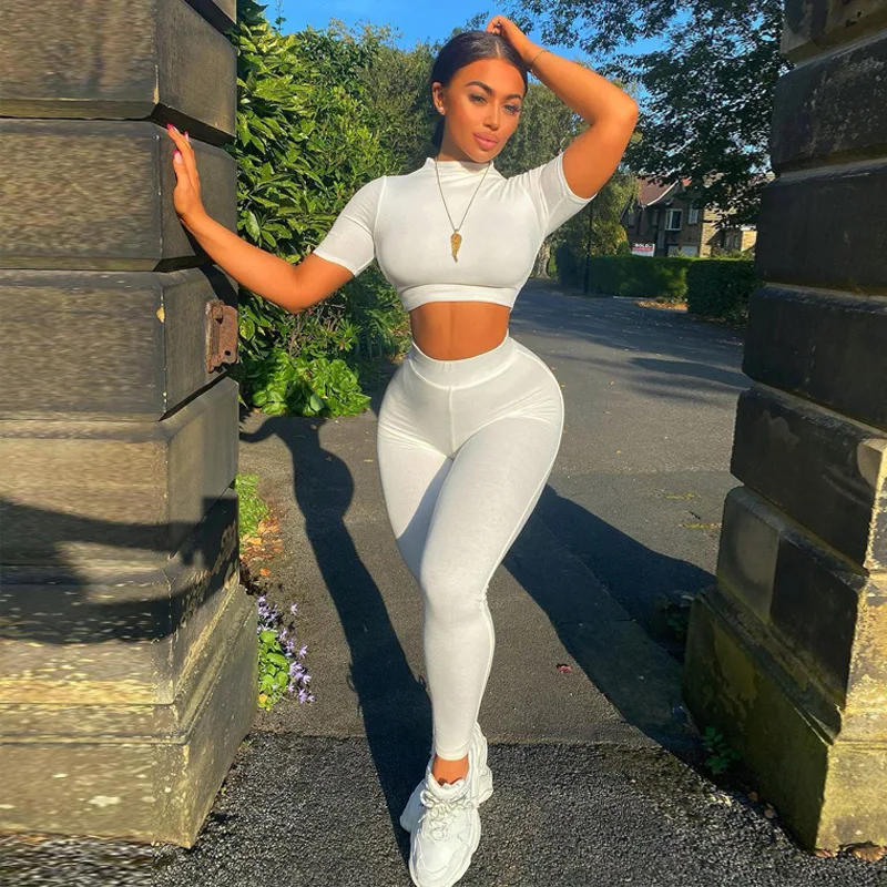 

2021 fashion 2 pieces new designs short sleeve top knit women ladies casual sports pants set