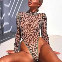 

Sexy Leopard Printed Bodycon Bodysuits 2019 Spring Women Long Sleeve Mock Neck Skinny Body Suit Shorts Jumpsuit