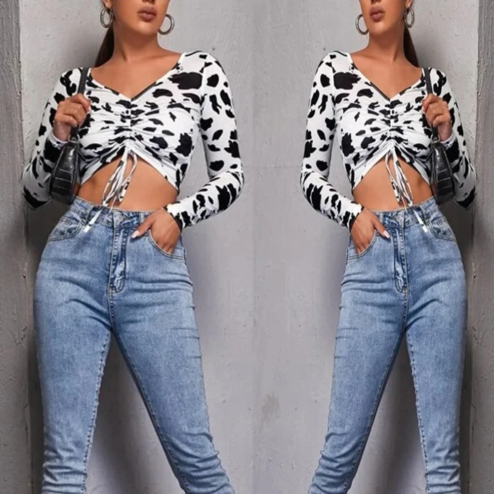 

Customize Women Tops Shirts Cow Print Blouse V-neck Pleated Tops Ladies Lace Up Long Sleeve T-shirt Drawstring Ruched Crop Top, Customized color
