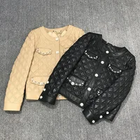 

2019 chic girls fashion thick sheepskin leather coat single breasted quilted blazer pearl studded short black winter jacket