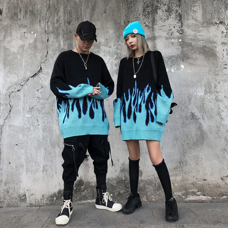 

2021 Plus Size Sweaters Female Hip Hop Flame Jacquard Graphic Women's Sweater Traf Couple Pullover Knit Top Thick Men's Sweater