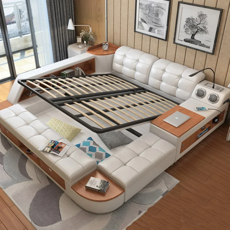 Leather New Classic Multifunction Bed With Storage Box Storage Solid