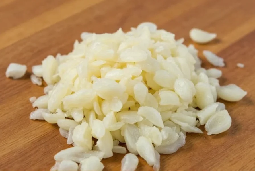 Chef measuring minced garlic in teaspoon next to whole garlic cloves