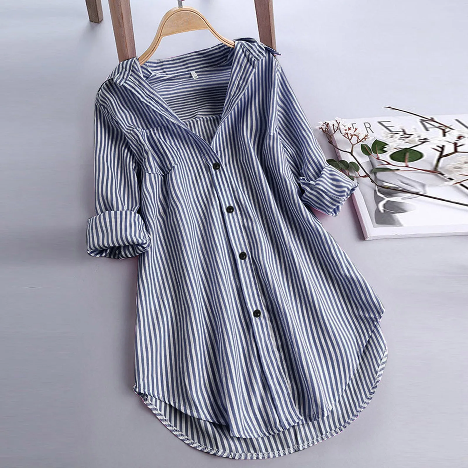 

Striped Print Long Shirt Women Tunic Oversized Shirts Tunic For Women Casual Long Sleeve Turn-down Collar Button Top Shirts