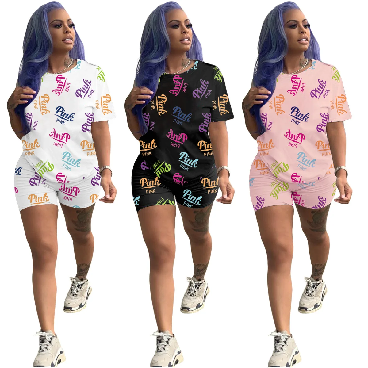 

FSL151 Fashion Sexy Cottony Lady Suit Short Sleeve Splicing Letter Print Two Piece Summer Short Set, 3 colors