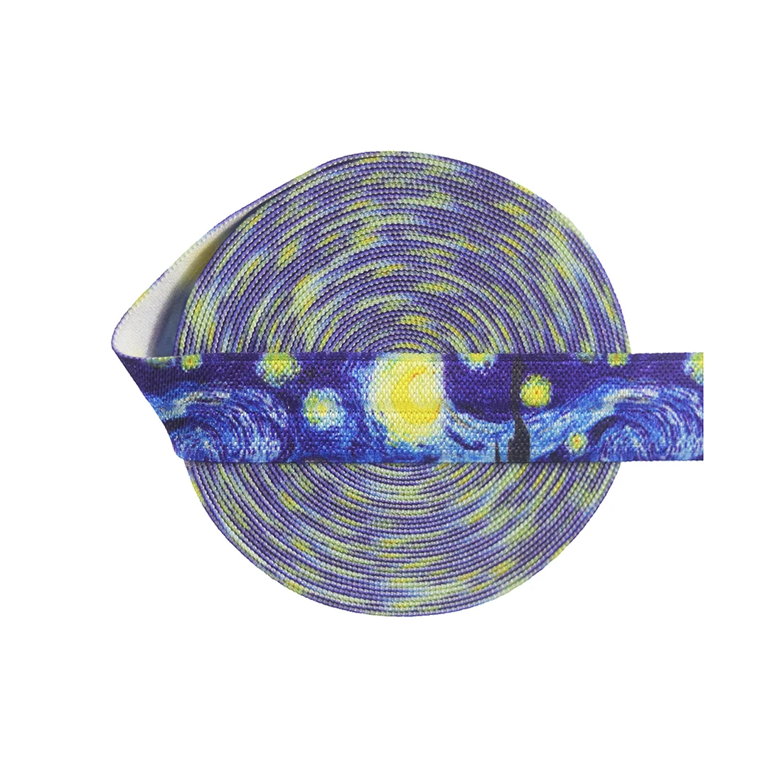 

BRISTLEGRASS 50 Yard by Roll 5/8" 15mm Van Gogh Starry Night Print Fold Over Elastic FOE Spandex Satin Band Hair Tie Sewing Trim, Accept customized