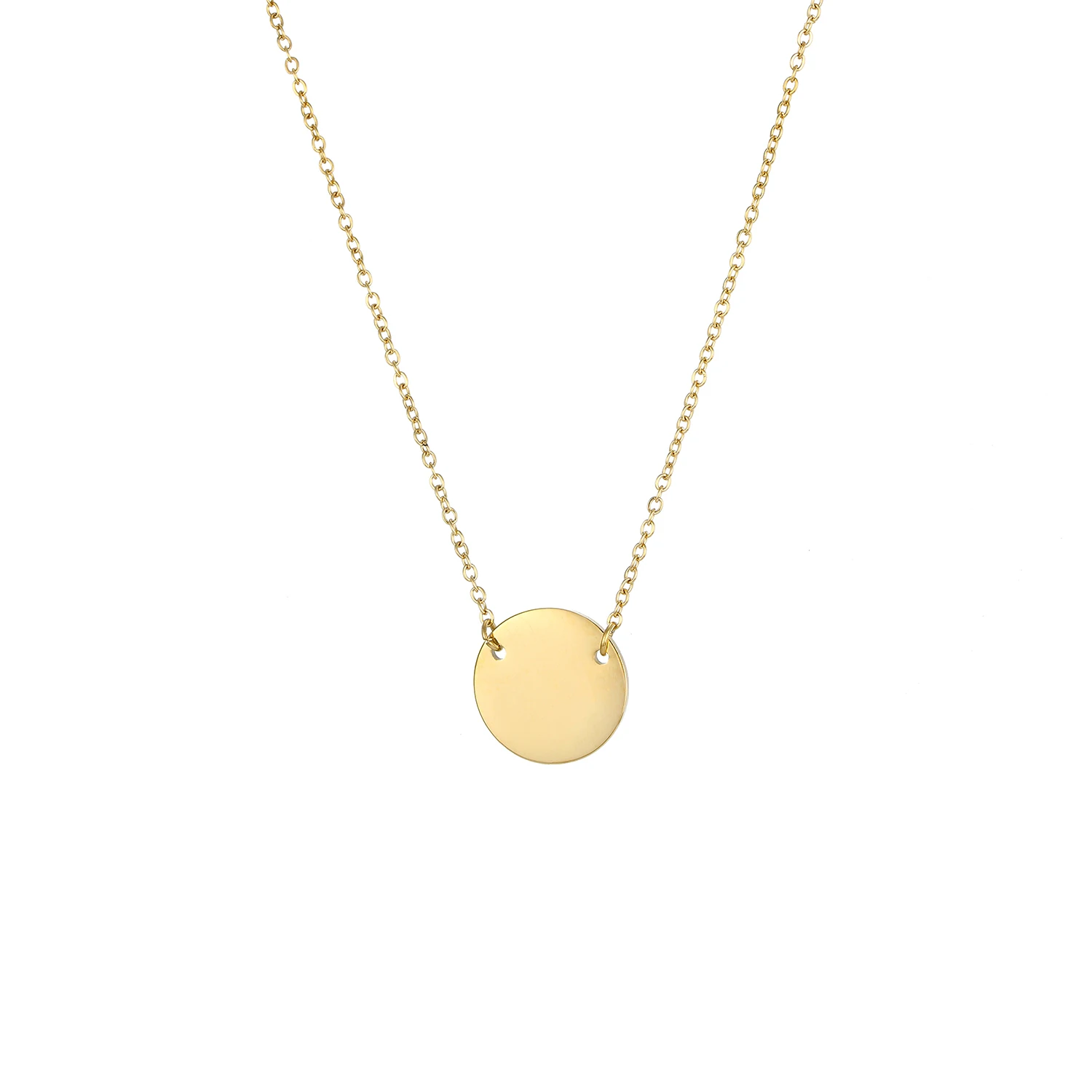 EManco Trendy Minimalist Stainless Steel Round Pendant Necklace with Link Chain Non-Tarnish 14K Gold Plated